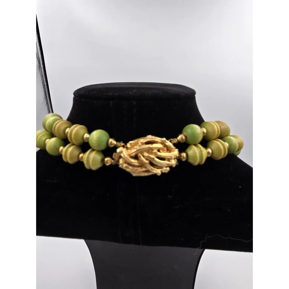 Vintage ‎ Double Strand Wood Bead Necklace Green Yellow Gold Tone Clasp